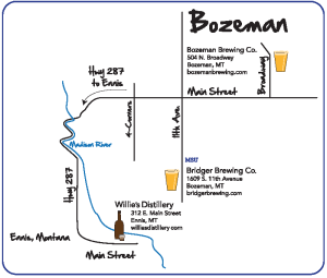Gallatin County breweries map illustration for Bozeman Area Chamber of Commerce
